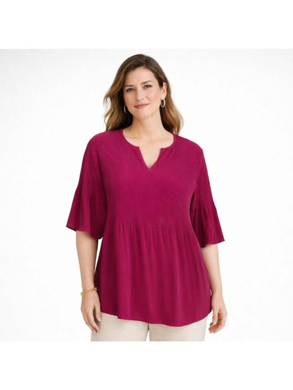 J. Jill Wearever Womens Sunburst-Pleated Woven Top Boysenberry Plus Size 2X